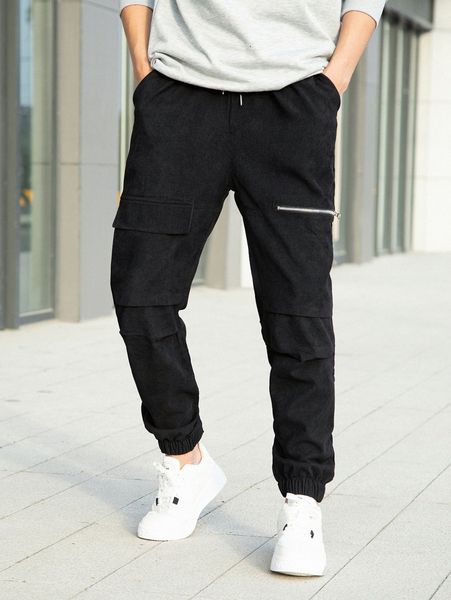 men flap pocket drawstring waist corduroy pants g3i8#, Black