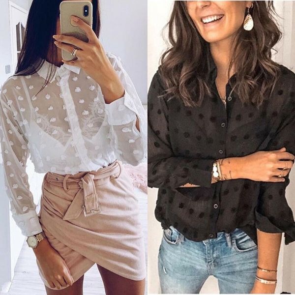 women's blouses & shirts fashion women long sleeve turn down collar button dots see through ladies summer loose casual blouse, White
women's blouses & shirts fashion women long sleeve turn down collar button dots see through ladies summer loose casual blouse, White