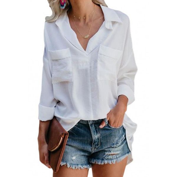 long sleeve solid casual double pockets women blouse loose soft ladies fashion daily v neck office elegant, White
long sleeve solid casual double pockets women blouse loose soft ladies fashion daily v neck office elegant, White