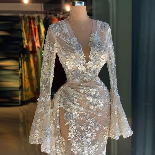 see through lace wedding dresses for women thigh-high slits v neck appliques beads illusion bridal dress long sleeves vestidos de novia, White
see through lace wedding dresses for women thigh-high slits v neck appliques beads illusion bridal dress long sleeves vestidos de novia, White
