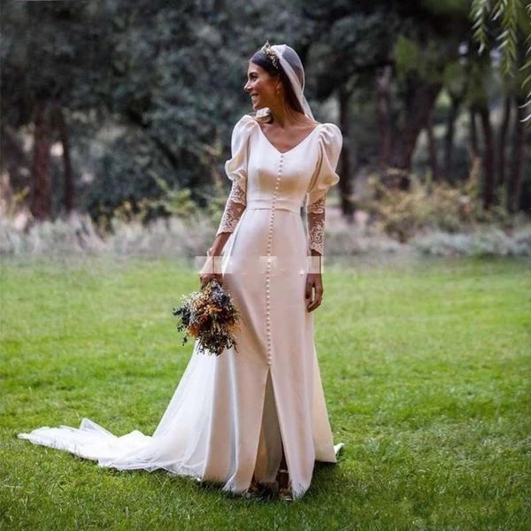 vintage long sleeve country wedding dresses a-line with buttons lace appliques deep v neck vestido de novia backless bridal dress, White
vintage long sleeve country wedding dresses a-line with buttons lace appliques deep v neck vestido de novia backless bridal dress, White