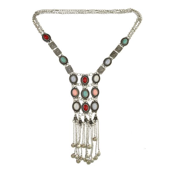 ethnic style long tassel sweater chain exaggerated women's bohemian turquoise necklace, Silver
ethnic style long tassel sweater chain exaggerated women's bohemian turquoise necklace, Silver