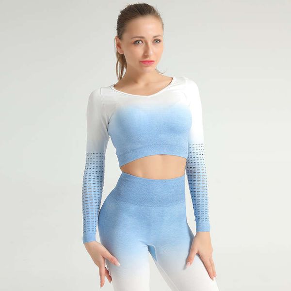 seamless yoga suit long sleeve t-shirt women's knitted hanging dye hollowed out elastic exercise clothes, Gray
seamless yoga suit long sleeve t-shirt women's knitted hanging dye hollowed out elastic exercise clothes, Gray