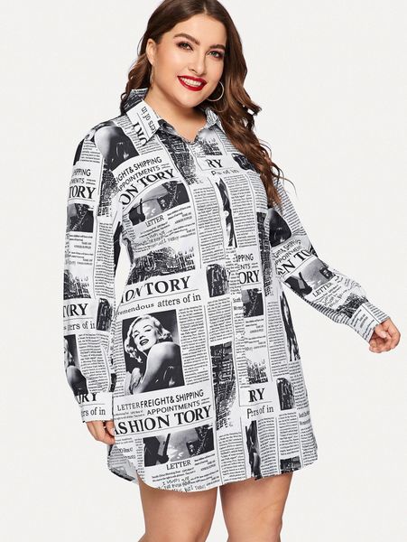 plus newspaper print curved hem shirt dress l5et#, Black
plus newspaper print curved hem shirt dress l5et#, Black