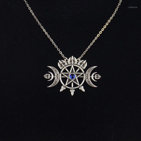 

pendant necklaces triple crescent moon with pentagram necklace sigil of spirit pagan jewelry wiccan gothic necklace1, Silver