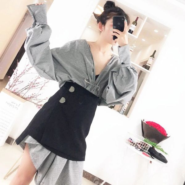 women black plaid irregular stitch big size dress new v-neck long sleeve loose fit fashion tide spring autumn, White
women black plaid irregular stitch big size dress new v-neck long sleeve loose fit fashion tide spring autumn, White