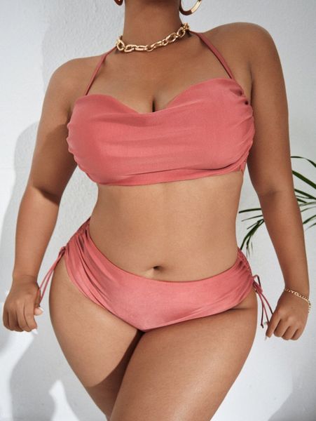 plus solid tie side bikini swimsuit 14nc#, Black