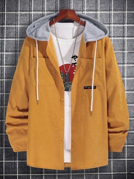 men 1pc corduroy button front hooded jacket s7ti#, Black;brown
