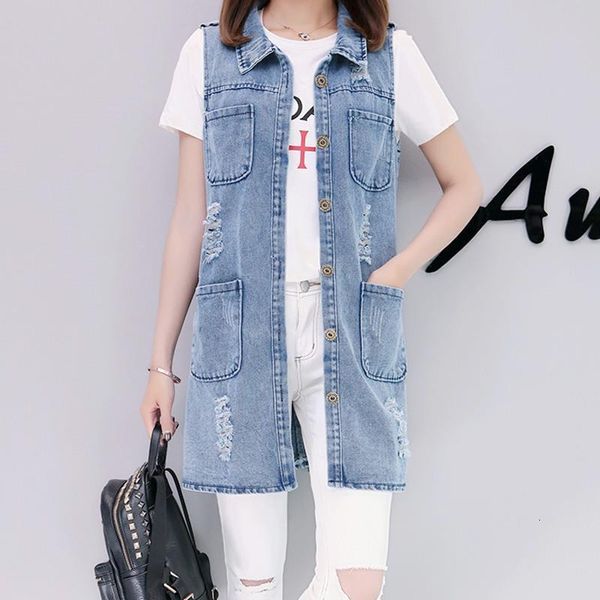 women's denim vests 2019 spring summer ripped long hole jeans waistcoat femme fahion sleeveless casual jacket outerwear r776, Black;white
women's denim vests 2019 spring summer ripped long hole jeans waistcoat femme fahion sleeveless casual jacket outerwear r776, Black;white