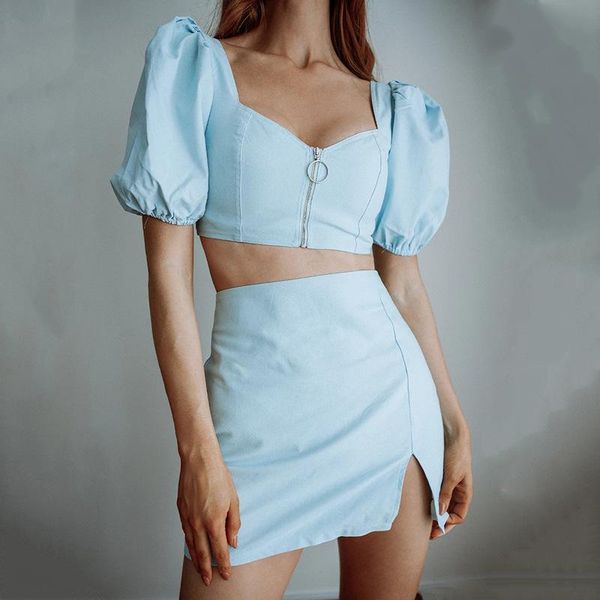 high street summer style short puff sleeve zipper split skirt two piece women set fashion designer women's kg-192, White
high street summer style short puff sleeve zipper split skirt two piece women set fashion designer women's kg-192, White