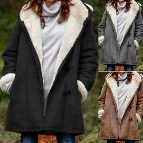 women's casual warm winter new fashion women middle length thick plush hooded outwear jacket coat 201201, Black
women's casual warm winter new fashion women middle length thick plush hooded outwear jacket coat 201201, Black