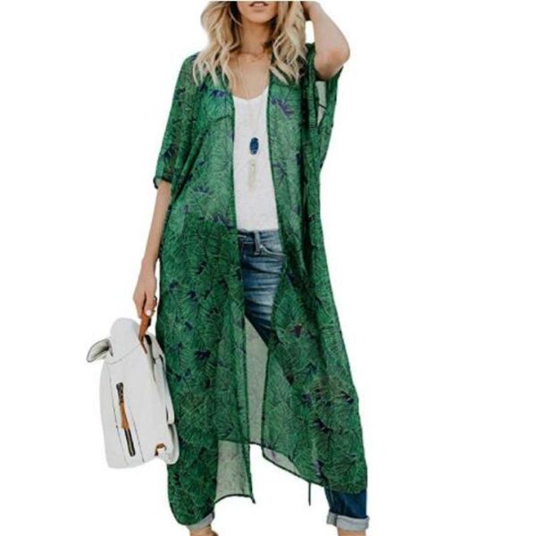women's blouses & shirts women chiffon kimono cardigan sheer leaves printed loose long ladies beach cover up boho, White
women's blouses & shirts women chiffon kimono cardigan sheer leaves printed loose long ladies beach cover up boho, White