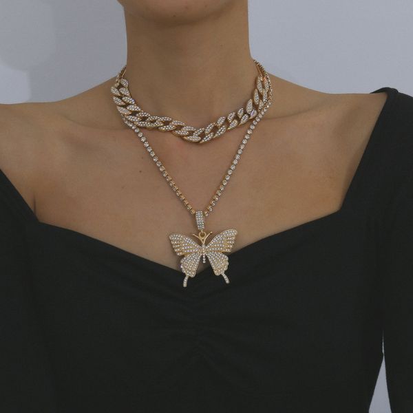 luxury women necklaces iced out cuban link chains butterfly animal hip hop jewelry gold pink white k gun black, Silver