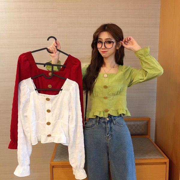 women spring shirts slim-fit casual solid color square collar pleated long flared sleeves single breasted decoration short blouses, White
women spring shirts slim-fit casual solid color square collar pleated long flared sleeves single breasted decoration short blouses, White