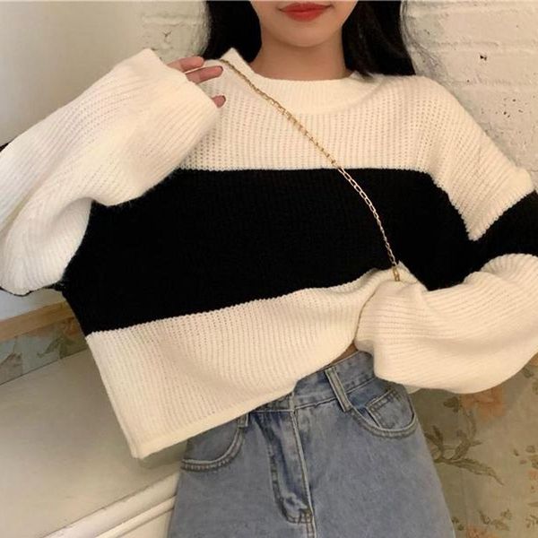 autumn 2021 and winter new combining wide stripe high-waisted shirt loose style short sweater 1 tmoe, White;black
autumn 2021 and winter new combining wide stripe high-waisted shirt loose style short sweater 1 tmoe, White;black
