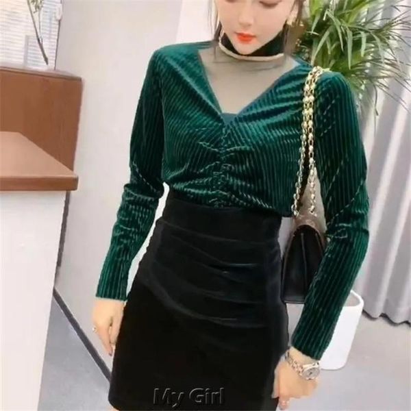 mesh stitching gold velvet bottoming shirt 2020 autumn and winter feminine temperament perspective slim slimming v-neck t-shirt1, White
mesh stitching gold velvet bottoming shirt 2020 autumn and winter feminine temperament perspective slim slimming v-neck t-shirt1, White