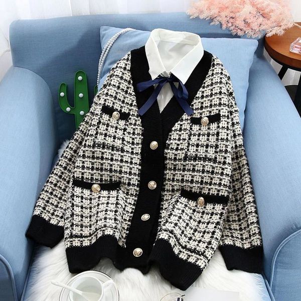 new knitted plaid contrast sweater cardigans women v-neck single breasted pockets female sweaters 2020 autumn casual lady coats cx200810, White;black
new knitted plaid contrast sweater cardigans women v-neck single breasted pockets female sweaters 2020 autumn casual lady coats cx200810, White;black