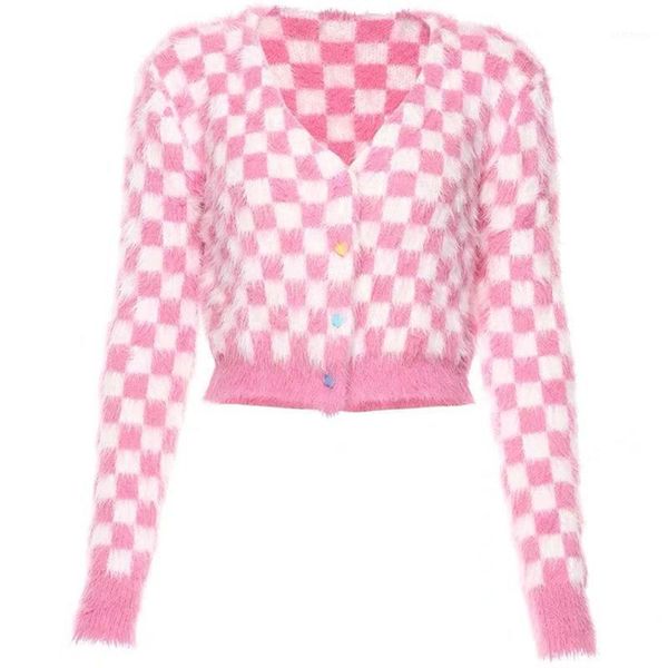 women long sleeve furry cardigan pink plaid checkerboard sweater coat mutlicolor buttons v-neck knitwear crop, White
women long sleeve furry cardigan pink plaid checkerboard sweater coat mutlicolor buttons v-neck knitwear crop, White