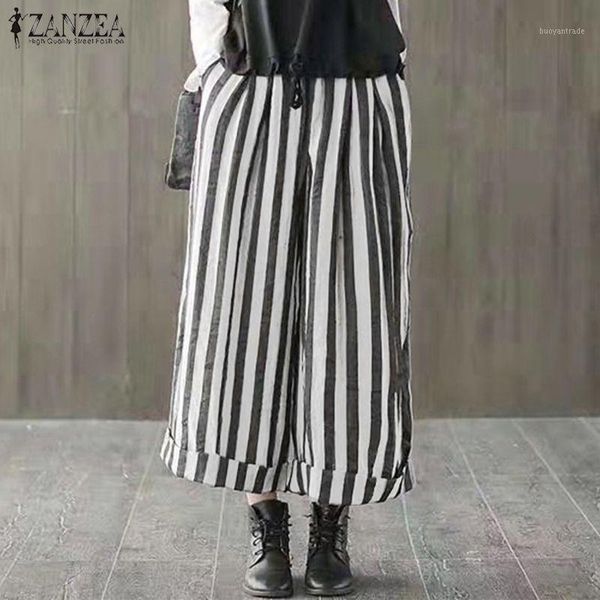 women's pants & capris fashion striped women's wide leg trousers zanzea 2021 casual elastic waist long pantalon palazzo plus size, Black;white