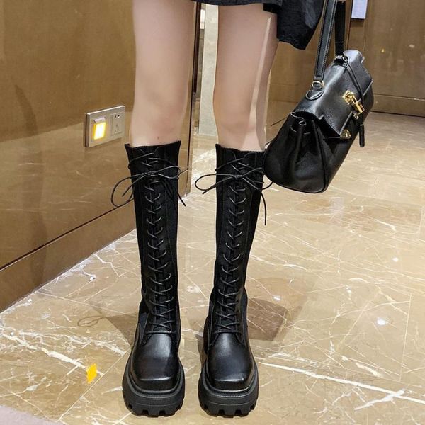 ladies patchwork mid calf shoes platform lace up chunky designer women boots fashion boots, Black
ladies patchwork mid calf shoes platform lace up chunky designer women boots fashion boots, Black