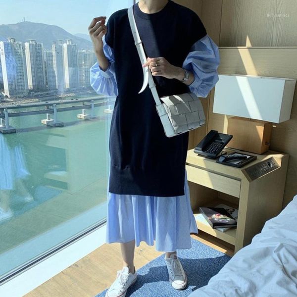 casual dresses korea chic early autumn black white hit color round neck puff sleeve fake two loose long dress women1, Black;gray
casual dresses korea chic early autumn black white hit color round neck puff sleeve fake two loose long dress women1, Black;gray