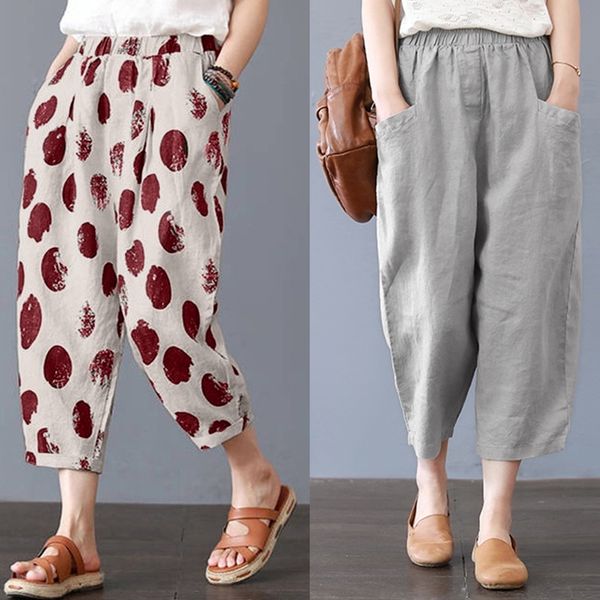 plus size elegant women cotton linen harem pants zanzea elastic waist work trouser with pockets solid casual turnip pantalon 5xl y200114, Black;white
plus size elegant women cotton linen harem pants zanzea elastic waist work trouser with pockets solid casual turnip pantalon 5xl y200114, Black;white