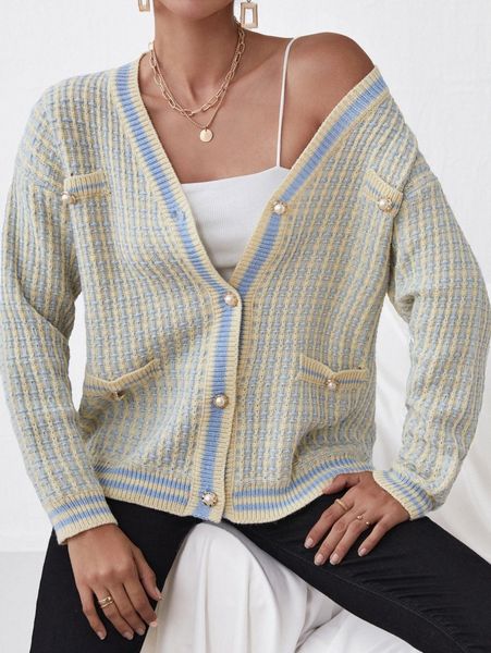 plaid decor pocket striped trim drop shoulder cardigan 52yk#, White
