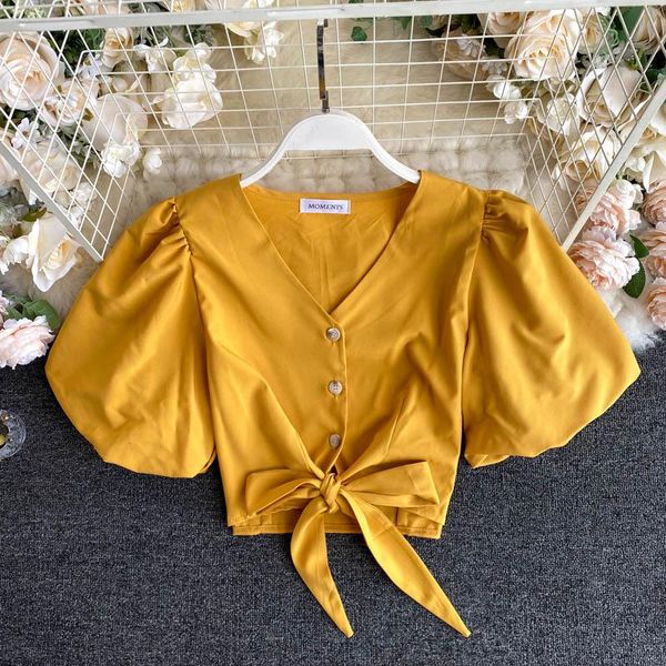 lady new fashion short puff sleeve shirt women's knotted high waist short v neck solid color blouse n546, White
lady new fashion short puff sleeve shirt women's knotted high waist short v neck solid color blouse n546, White