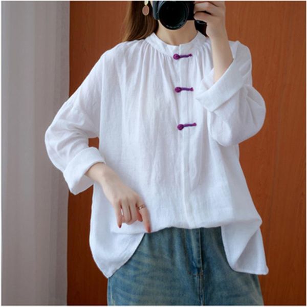 women's blouses & shirts 2021 spring/autumn arts style women loose casual stand collar long sleeve shirt button design cotton linen blo, White
women's blouses & shirts 2021 spring/autumn arts style women loose casual stand collar long sleeve shirt button design cotton linen blo, White