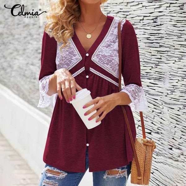 

celmia 2020 summer women lace blouse flare sleeve casual loose work shirts vintage tunic plus size blusas femininas 5xl 4xl1, White