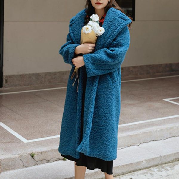 women winter peacock blue vintage thicken long lamb wool coat loose leisure woolen overcoat single button straight jacket, Black
women winter peacock blue vintage thicken long lamb wool coat loose leisure woolen overcoat single button straight jacket, Black