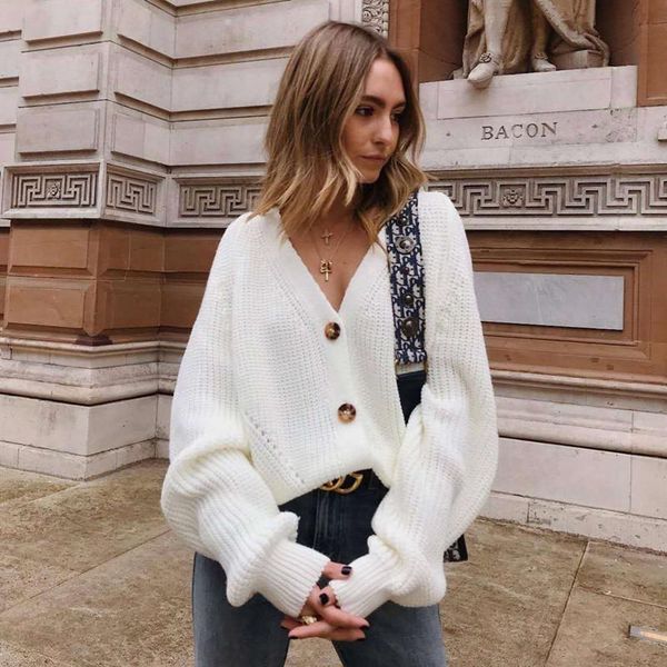 women knitted cardigan 2020 autumn v-neck batwing sleeve button oversized sweater casual loose solid female cardigan, White
women knitted cardigan 2020 autumn v-neck batwing sleeve button oversized sweater casual loose solid female cardigan, White
