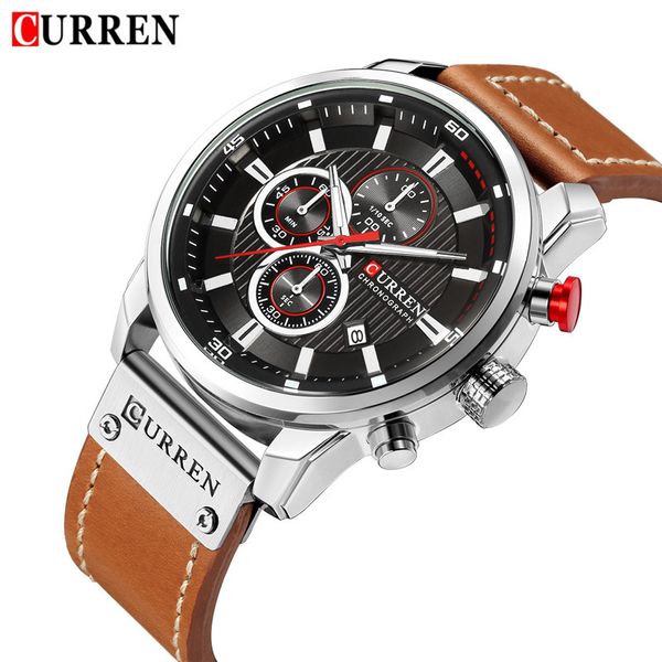 Curren Mens Watches Fashion Casual Waterproof Chronograph Date Genuine Leather Sport Male Clock 8291