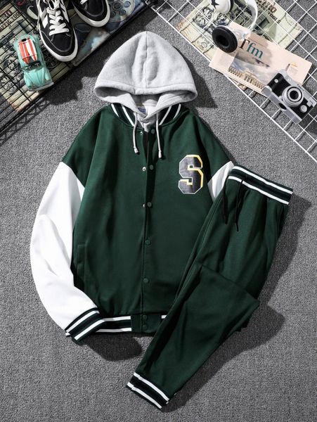 men letter graphic striped trim varsity jacket & drawstring sweatpants without hoodie e138#, Gray
men letter graphic striped trim varsity jacket & drawstring sweatpants without hoodie e138#, Gray