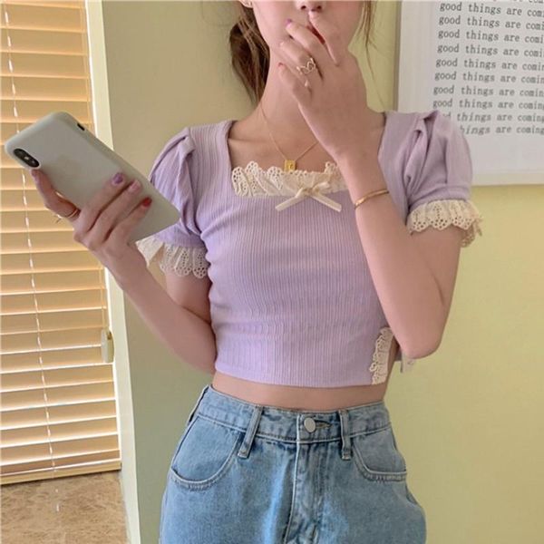 square neck puff sleeve lace split woman crop slim t-shirts bow purple vintage female summer, White
square neck puff sleeve lace split woman crop slim t-shirts bow purple vintage female summer, White