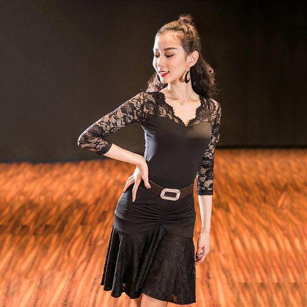 stage wear latin dance dress black lace dancing female 2021 performance costume competition bl2869, Black;red
stage wear latin dance dress black lace dancing female 2021 performance costume competition bl2869, Black;red