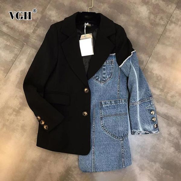 women's suits & blazers vgh asymmetrical patchwork denim blazer for women notched long sleeve irregular casual coat female fashion clot, White;black
women's suits & blazers vgh asymmetrical patchwork denim blazer for women notched long sleeve irregular casual coat female fashion clot, White;black