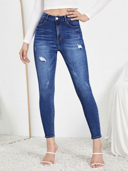 dark washed skinny ripped jeans r9zq#, Blue