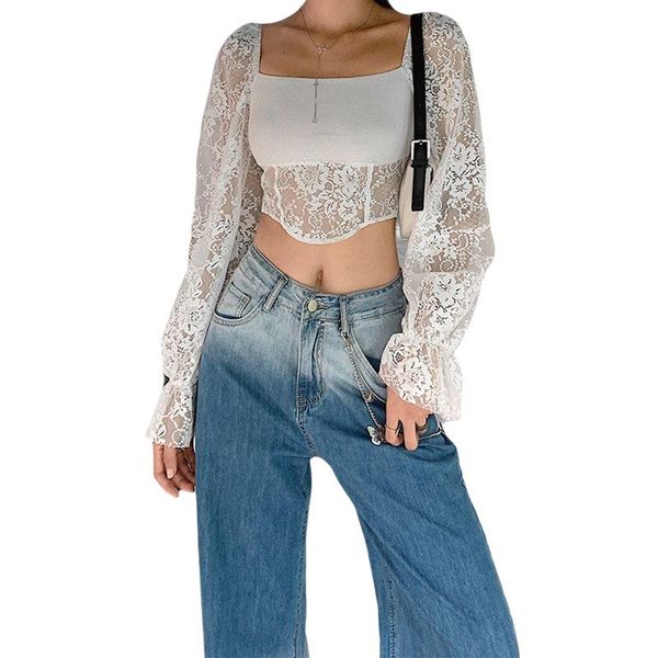 women's blouses & shirts women floral lace crop autumn adults long sleeve square collar see-thorough pullover, White
women's blouses & shirts women floral lace crop autumn adults long sleeve square collar see-thorough pullover, White