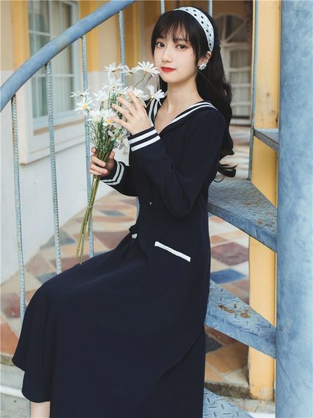 black solid vintage long female dress 2021 elegant spring full sleeve mid-calf midi seaman's collar adjustment and enlargement women�, Black;gray
black solid vintage long female dress 2021 elegant spring full sleeve mid-calf midi seaman's collar adjustment and enlargement women�, Black;gray