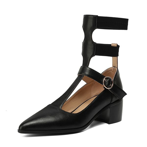 

roman style 2021 bombs hollow woman out skinned genuine heels buckled buckle strapped shoes tzfx, Black