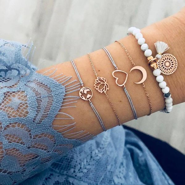 link, chain 5pcs/set boho weaving heart map tassel pendant bracelet set women fashion hollow moon lotus gray rope lover gift, Black
link, chain 5pcs/set boho weaving heart map tassel pendant bracelet set women fashion hollow moon lotus gray rope lover gift, Black