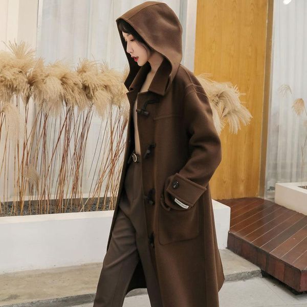 double-sided cashmere coat female horn hooded cloak long in england wind of new fund of 2020 autumn winters cloth coat, Black
double-sided cashmere coat female horn hooded cloak long in england wind of new fund of 2020 autumn winters cloth coat, Black