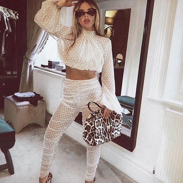 women polka dots sheer mesh two piece sets see through lantern sleeve crop high waisted pencil pants clubwear outfits, Gray
women polka dots sheer mesh two piece sets see through lantern sleeve crop high waisted pencil pants clubwear outfits, Gray