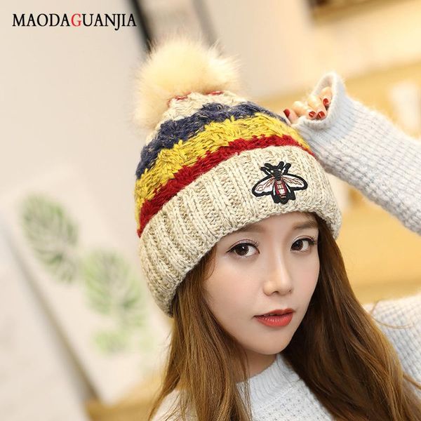 bee neck warmer caps brimless hat knit leosoxs fur cute winter knitted for women spring