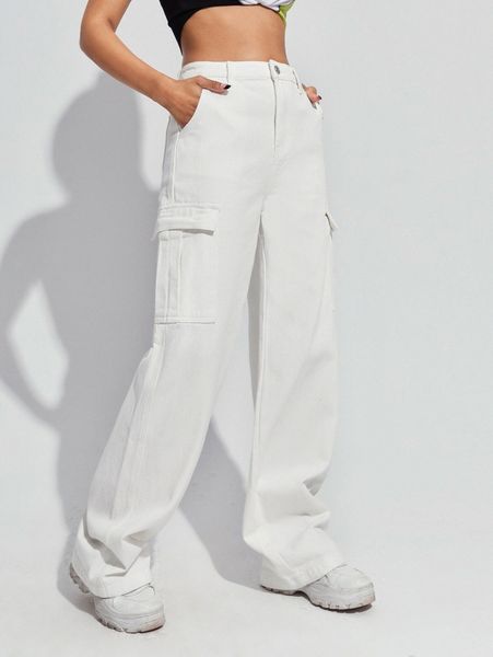 high waist flap pocket cargo jeans 49l4#, Blue
high waist flap pocket cargo jeans 49l4#, Blue