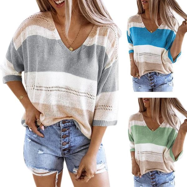 women three quarter sleeve sweater v-neck color block striped pullover hollow out knitted loose jumper shirt, White;black
women three quarter sleeve sweater v-neck color block striped pullover hollow out knitted loose jumper shirt, White;black