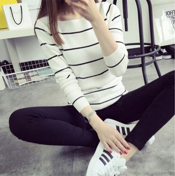 new women's spring autumn knit pullover sweaters woman o-neck striped sweater 2 colors, White;black
new women's spring autumn knit pullover sweaters woman o-neck striped sweater 2 colors, White;black