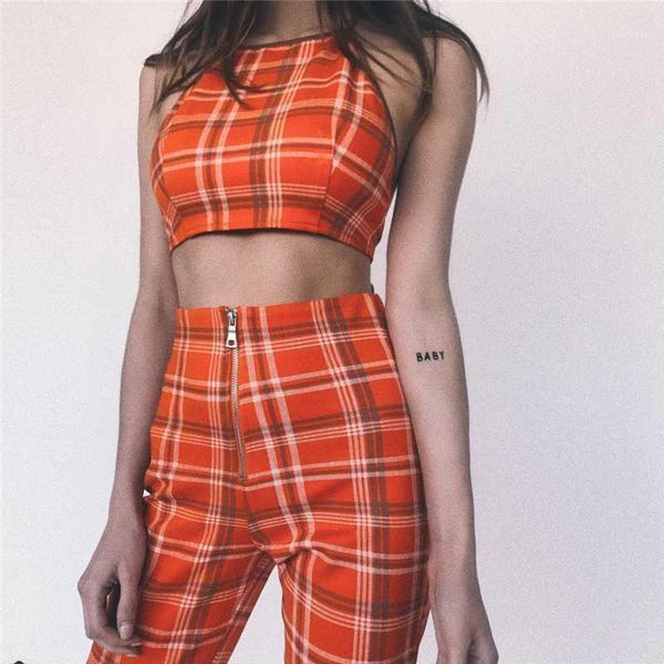 harajuku punk street style halter crop camis tank casual pants orange plaid women's sets1, White
harajuku punk street style halter crop camis tank casual pants orange plaid women's sets1, White