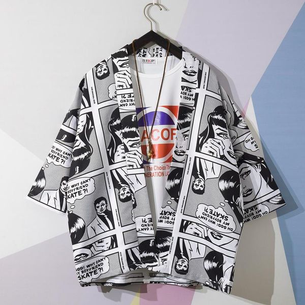 men's casual shirts fashion printed loose cartoon 3/4 sleeve outwear, White;black
men's casual shirts fashion printed loose cartoon 3/4 sleeve outwear, White;black